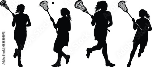 Women Lacrosse Player Action Silhouettes Set, Female Sports Figures