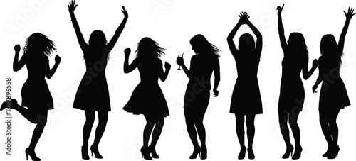 Black Silhouettes of Happy Young Women Dancing Together at a Party or Nightclub Celebration Vector Illustration