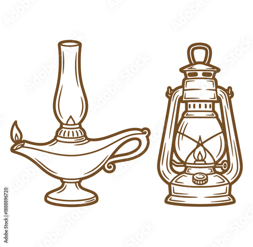 Two antique lamps with flames on white background Keywords: lamp, antique, oil lamp, kerosene