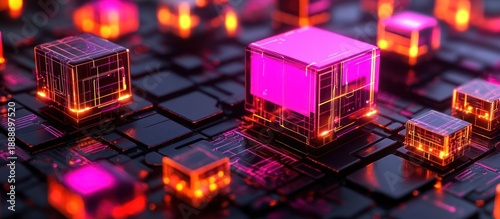 Glowing data cubes on circuit board; tech background