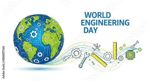 World engineering day globe with gears and tools on white background