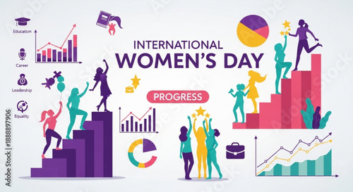 International women's day progress concept with colorful infographic elements and silhouettes