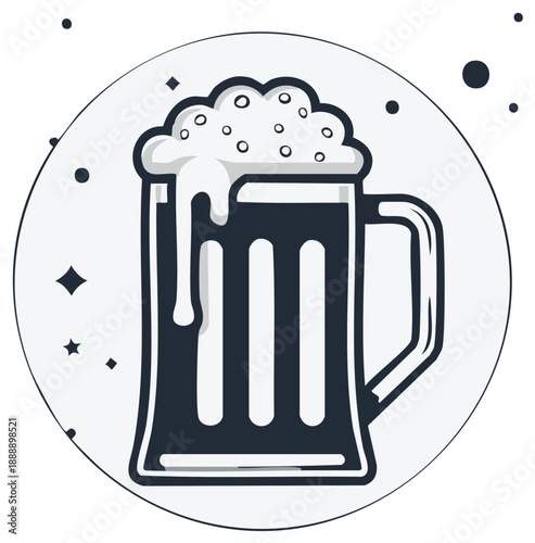 Cartoon illustration of a beer mug with foamy head, in a circle