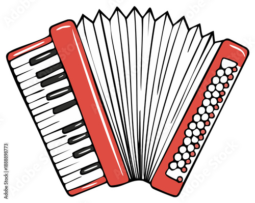 Cartoon-style accordion illustration, musical instrument, red and white