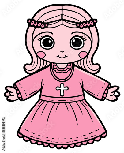 Cute cartoon girl in pink dress with cross for holy communion celebration