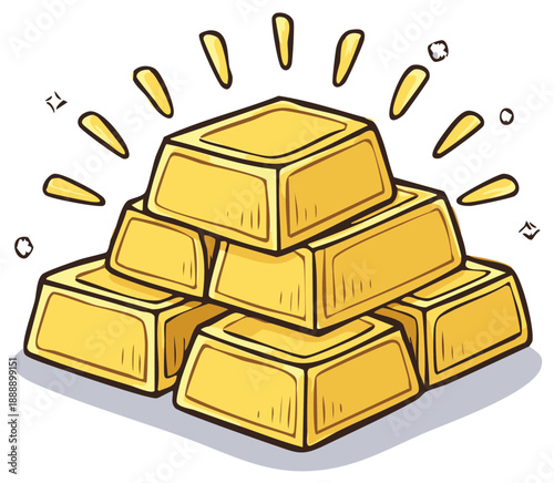 Illustration of a stack of shiny gold bars with sparkle graphic elements