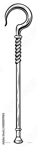 Illustration of a walking stick with a hook in vintage style