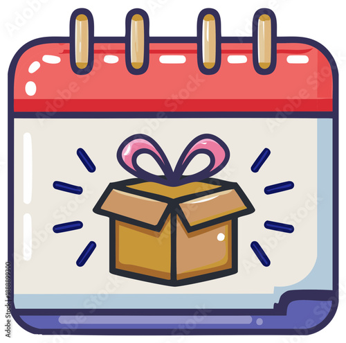 Vibrant cartoon calendar page displaying an open sparkling present box and pink bow indicating a special upcoming date or event