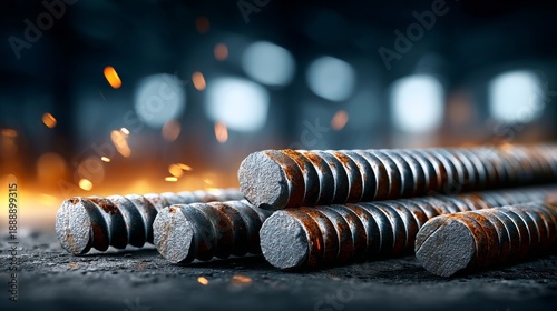 Close-up shot of metallic screws arranged on a dark surface with sparks flying in the background, illuminated by dramatic lighting, showcasing industrial craftsmanship and detail