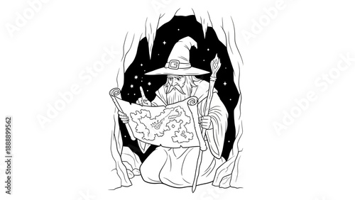 Mysterious Wizard Consulting Ancient Map in Cavern for Magical Expedition. transparent.