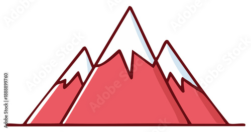 Simple hand drawn illustration of a mountain range with snow capped peaks and a red color scheme