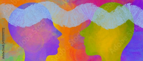 Disegno grafico colorato voce, linguaggio, parlare. Comunicazione. Dialogo tra due persone. Telepatia. Empatia. Amore.