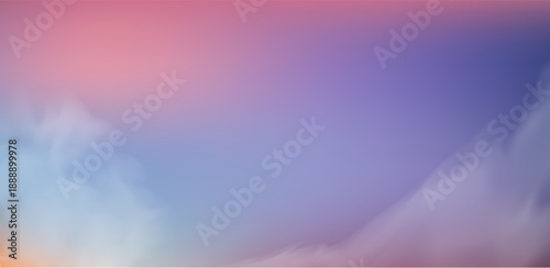 Dreamy sky background with fluffy pink and purple clouds at sunset. Pastel gradient heaven scene with soft cotton-like cloudscape.