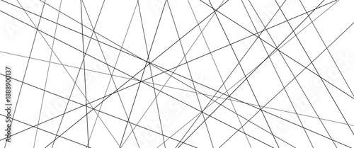Abstract geometric pattern with chaotic black lines creating random intersections on white background. Modern linear texture with irregular asymmetrical stripes and dynamic urban artwork style.