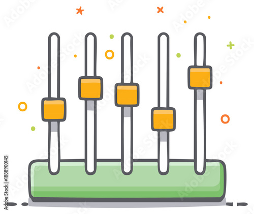 Vibrant cartoon illustration of five audio mixer faders for sound control settings and adjustments