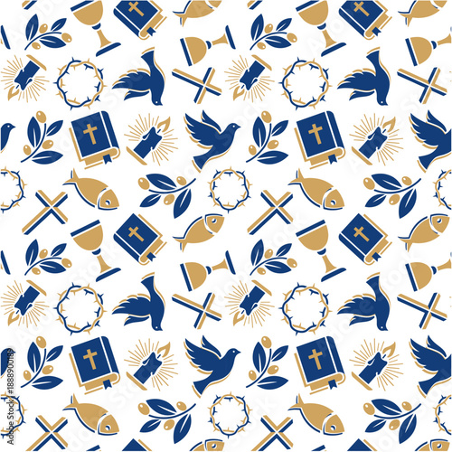 Christian Easter Seamless Pattern with Religious Symbols including Cross Holy Bible Crown of Thorns and Dove