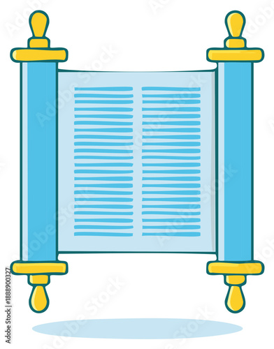 Stylized illustration of a religious scroll with blue parchment and gold accents