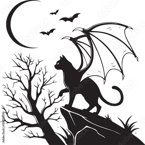 Black Cat with Bat Wings Silhouette on a Rock with Moon and Bare Tree - Halloween Vector Art