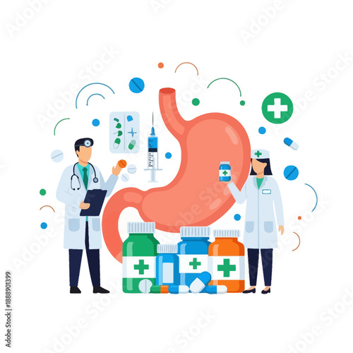Doctors and Stomach Health: Medication, Pills, and Medical Care Concept