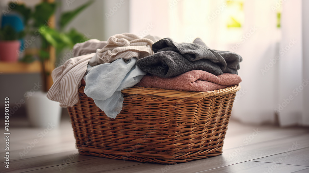Obraz premium A laundry basket full of clothes is a daily household activity.