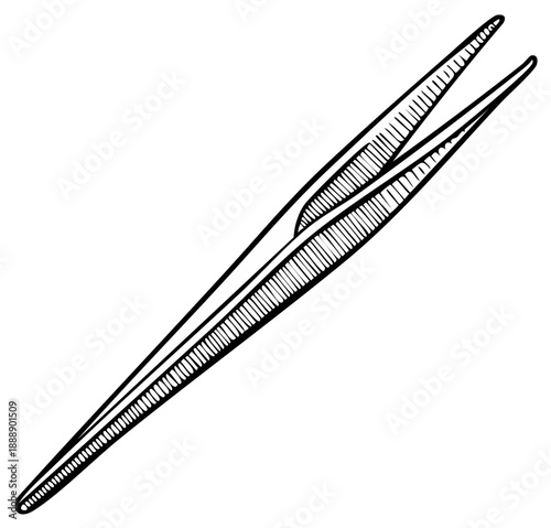 Line drawing of a metal tweezer isolated on a white background