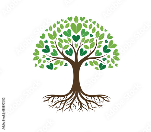 Stylized tree with heart-shaped leaves symbolizing growth, love, and nature's harmony, rooted deeply for stability