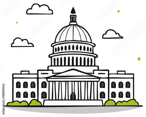 Capitol Building Hand Drawn Style Black and White Illustration Governmental Landmark with Clouds