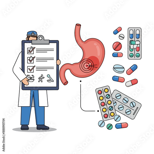 Doctor Examining Stomach Health, Pills and Check List, Medical Concept