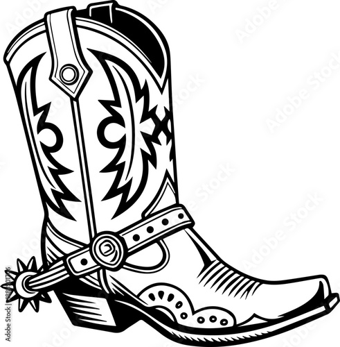 Cowboy Boot Western Style Black and White Vector Illustration