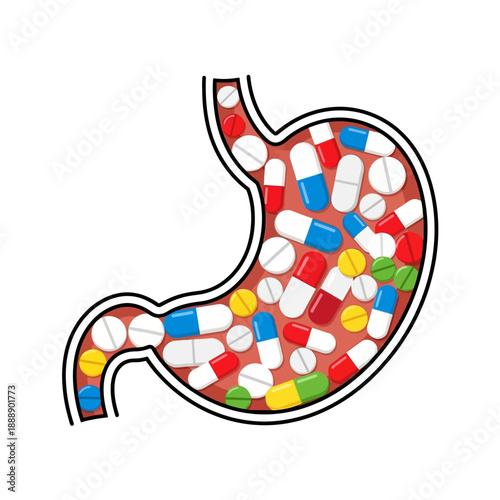Stomach Filled with Assorted Pills and Capsules, Medical Concept
