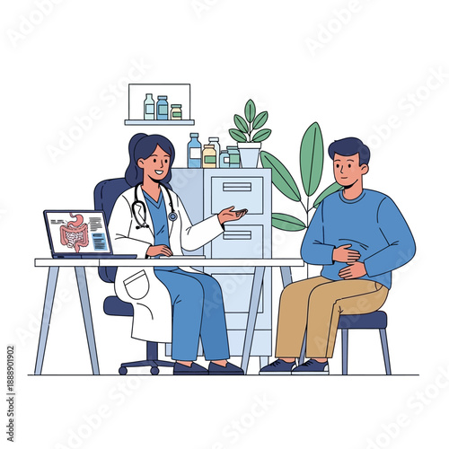 Doctor consulting patient about digestive health with intestinal diagram on laptop