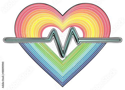Vibrant rainbow heart graphic with a stylized electrocardiogram pulse line for health
