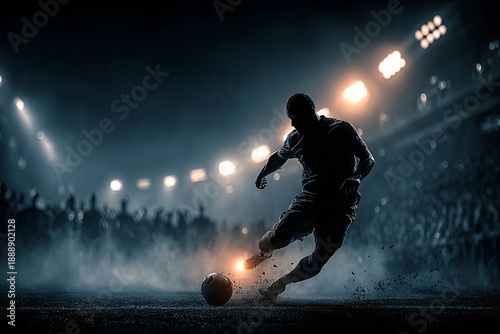 Silhouette football player kicking ball on dramatic stadium field, night game, energetic action, illuminated by bright lights, dynamic movement, intense atmosphere