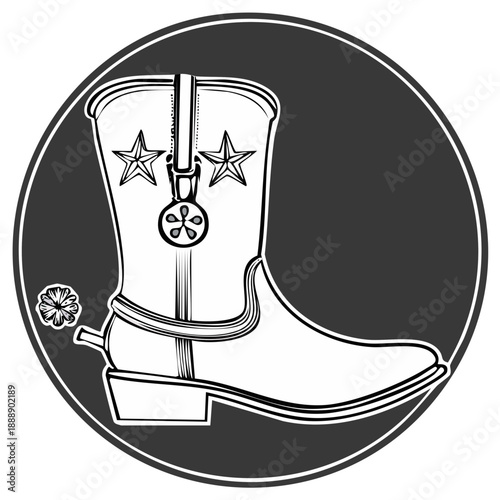 Cowboy Boot Sketch Icon. Western Footwear Illustration in Circular Badge for Clothing or Logo Design Concept