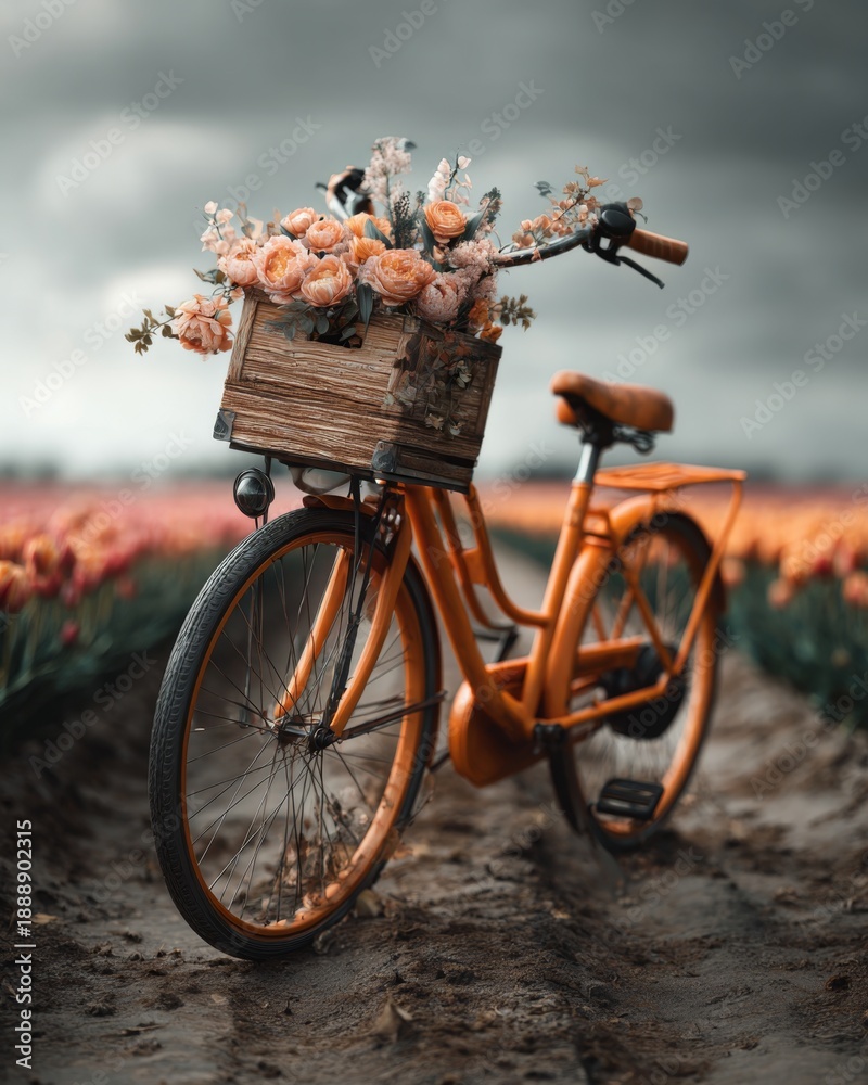 Naklejka premium Orange bicycle vintage style wooden basket pink flowers tulip field spring cloudy sky rural romantic outdoors. bright orange vintage bicycle with wooden basket filled with pink flowers stands