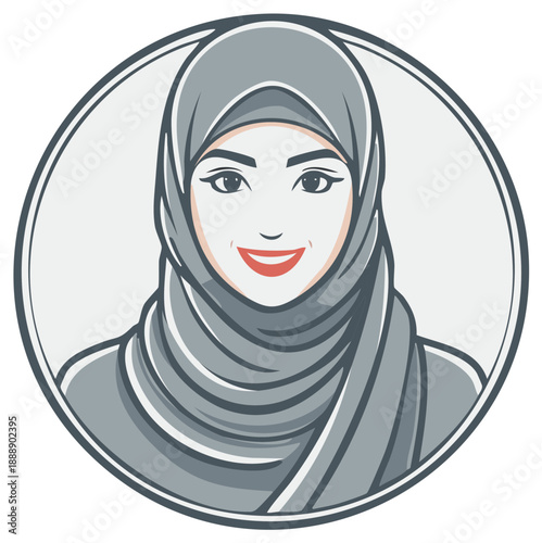 Smiling Muslim woman wearing a gray hijab vector illustration portrait in a circular frame