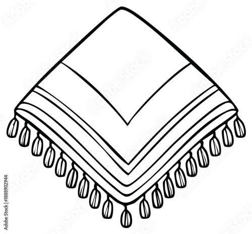 Hand-drawn square scarf with tassels, fashion accessory drawing in black and white, lightweight neckwear sketch illustration