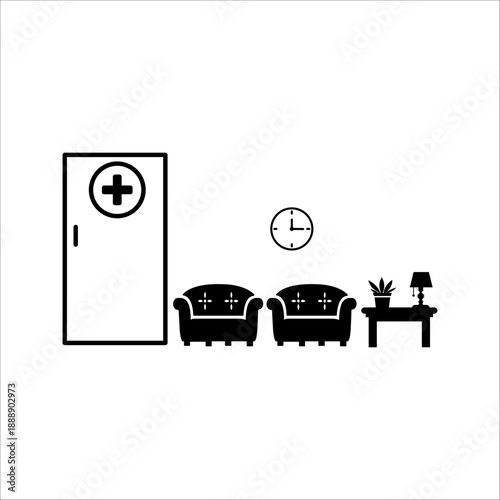 Clinic reception waiting area. Patients register at the reception while a pregnant woman waits in line. Illustration of medical healthcare services.