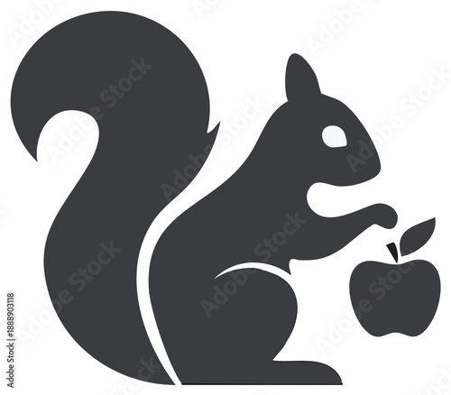 Silhouette illustration of a squirrel holding an apple, cartoon style