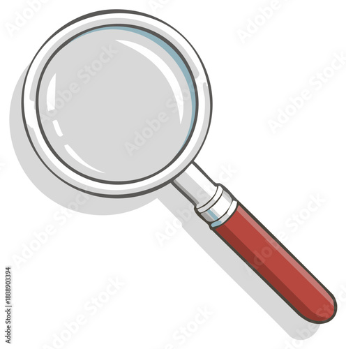 Magnifying glass with a red handle casting a shadow isolated on a white background