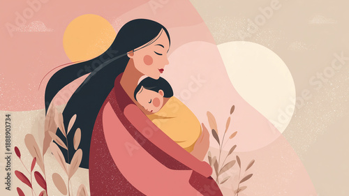 Maternal and child health campaign poster featuring a caring mother holding a baby.