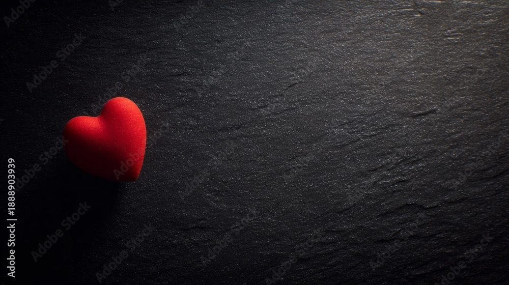 Obraz premium devotion. Minimalist red heart on a textured black surface, symbolizing love and gratitude. wellbeing guides, coaching materials, designed for mental health education and mindfulness programs. 