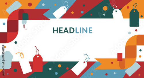A vibrant, abstract banner design features a dynamic arrangement of colorful geometric shapes and various price tags, perfect for promotional headlines and sales announcements.