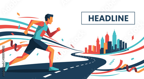 Dynamic illustration of a determined male runner sprinting along a winding road towards a city skyline, symbolizing progress and athletic achievement.