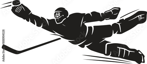 Ice Hockey Goalie Diving Save Silhouette, Defensive Action Sports Vector