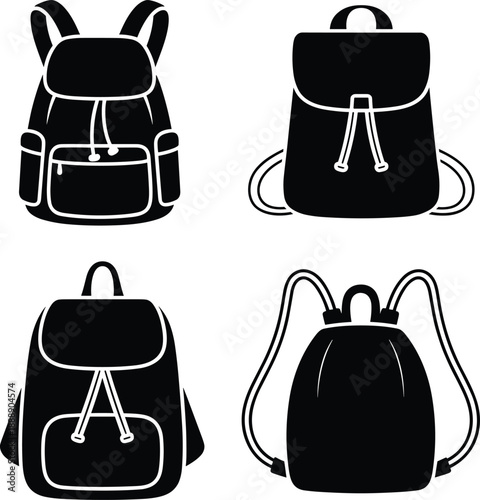 Backpack silhouette icon collection featuring modern rucksack and school bag designs, black and white travel pack symbols set isolated on white background.