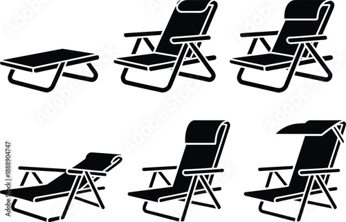 Beach lounge chair silhouette set with reclining positions, summer vacation outdoor furniture icons collection, black and white relaxation design isolated on white.