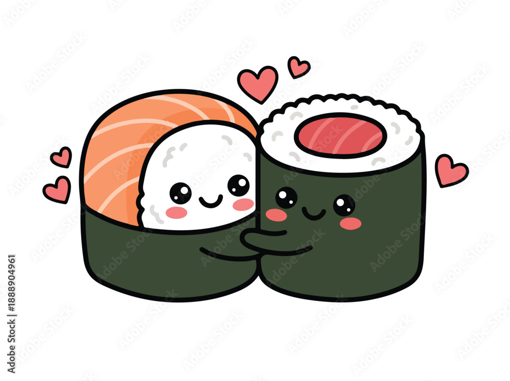 Obraz premium Adorable Sushi Rolls Sharing a Loving Embrace with Hearts, Perfect for Foodie Romance and Valentine's Day