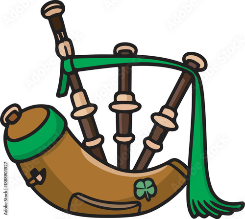 Cartoon illustration of traditional Irish bagpipes with a shamrock.