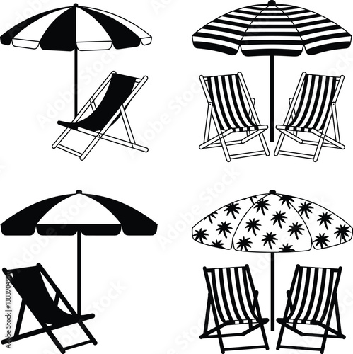 Beach umbrella and deck chair silhouette set, summer vacation seaside relaxation icons collection, black and white outdoor leisure furniture illustration isolated on white.
